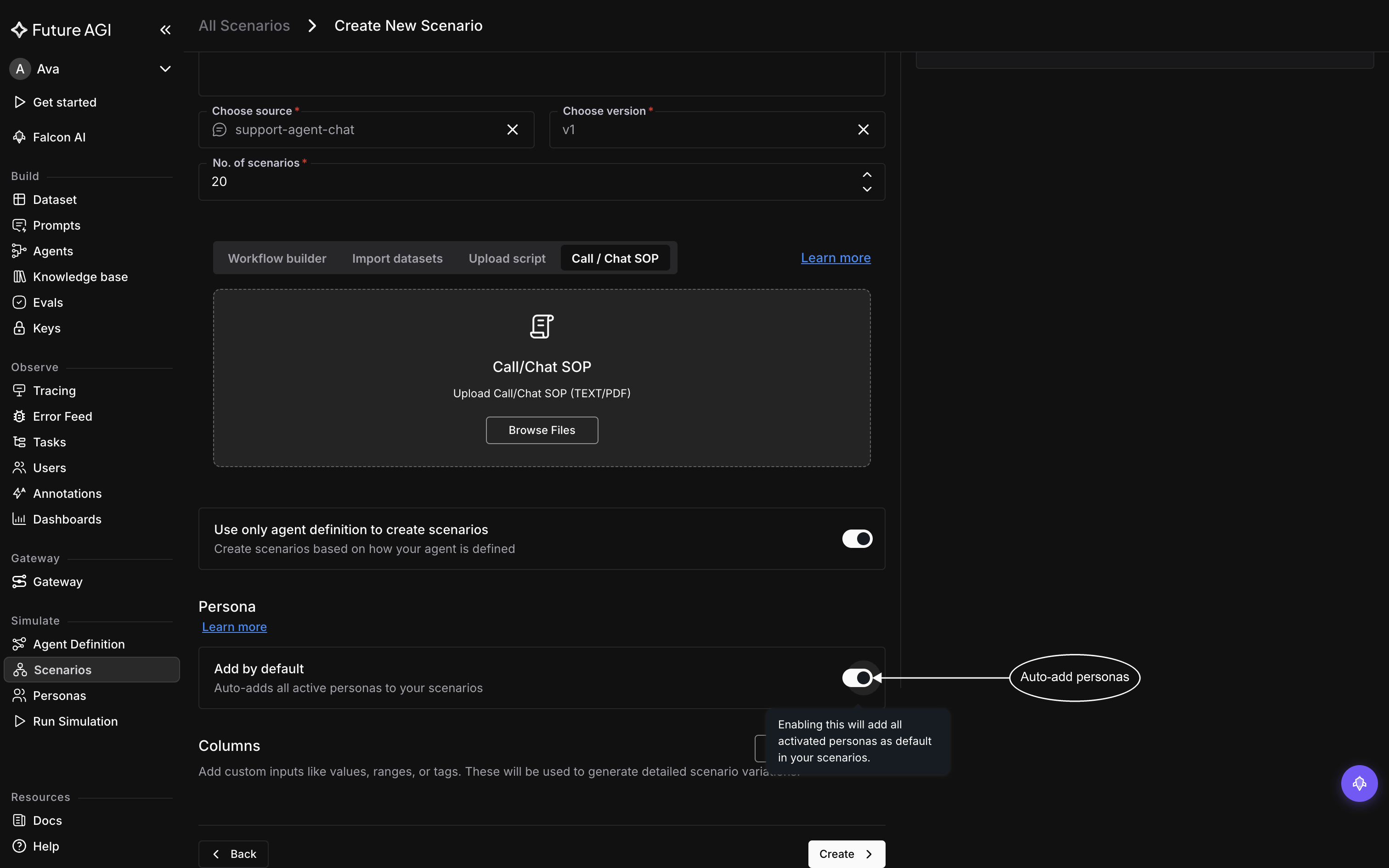 The Add by default toggle in the Persona section, with a tooltip reading Enabling this will add all activated personas as default in your scenarios