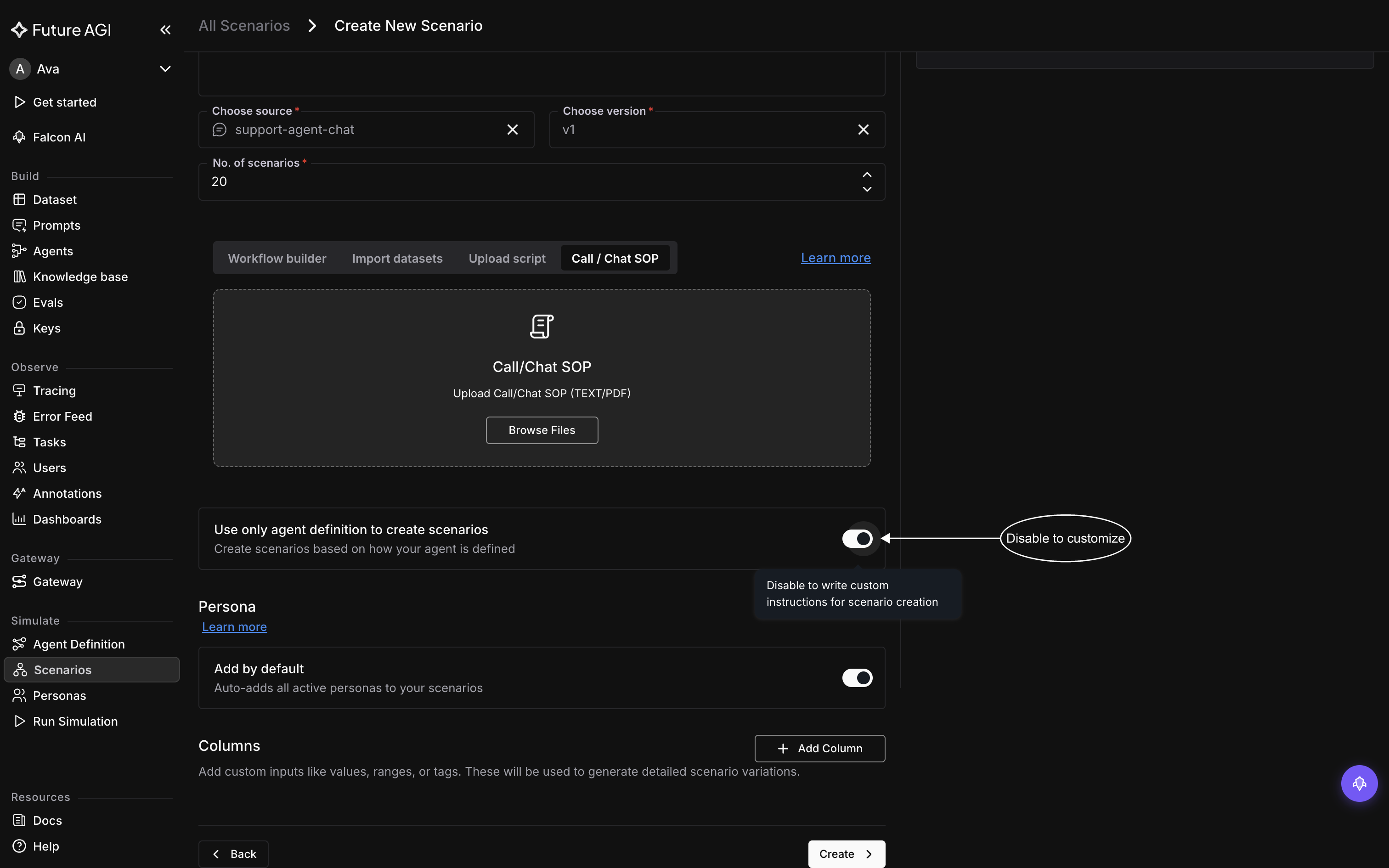 The Use only agent definition to create scenarios toggle, with a tooltip reading Disable to write custom instructions for scenario creation