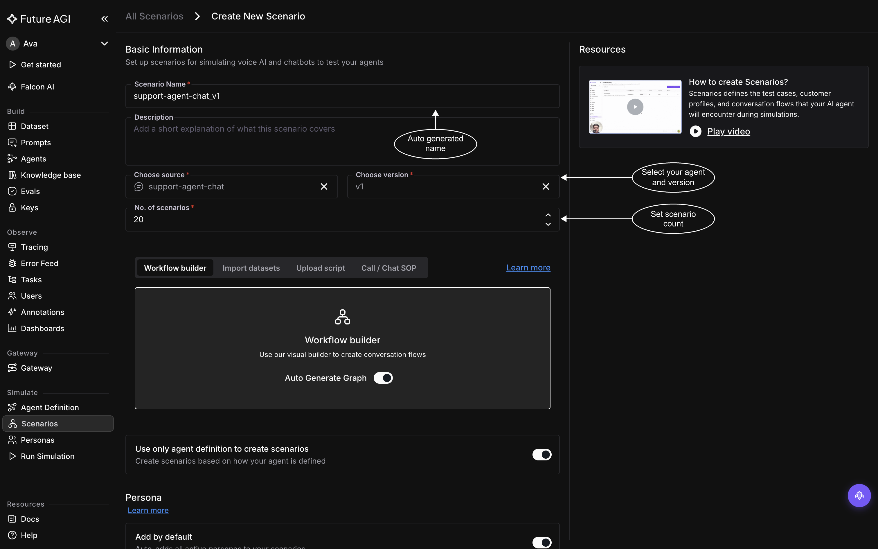 The Create New Scenario form with Scenario Name auto-filled as support-agent-chat_v1, Choose source set to support-agent-chat, Choose version v1, and No. of scenarios set to 20