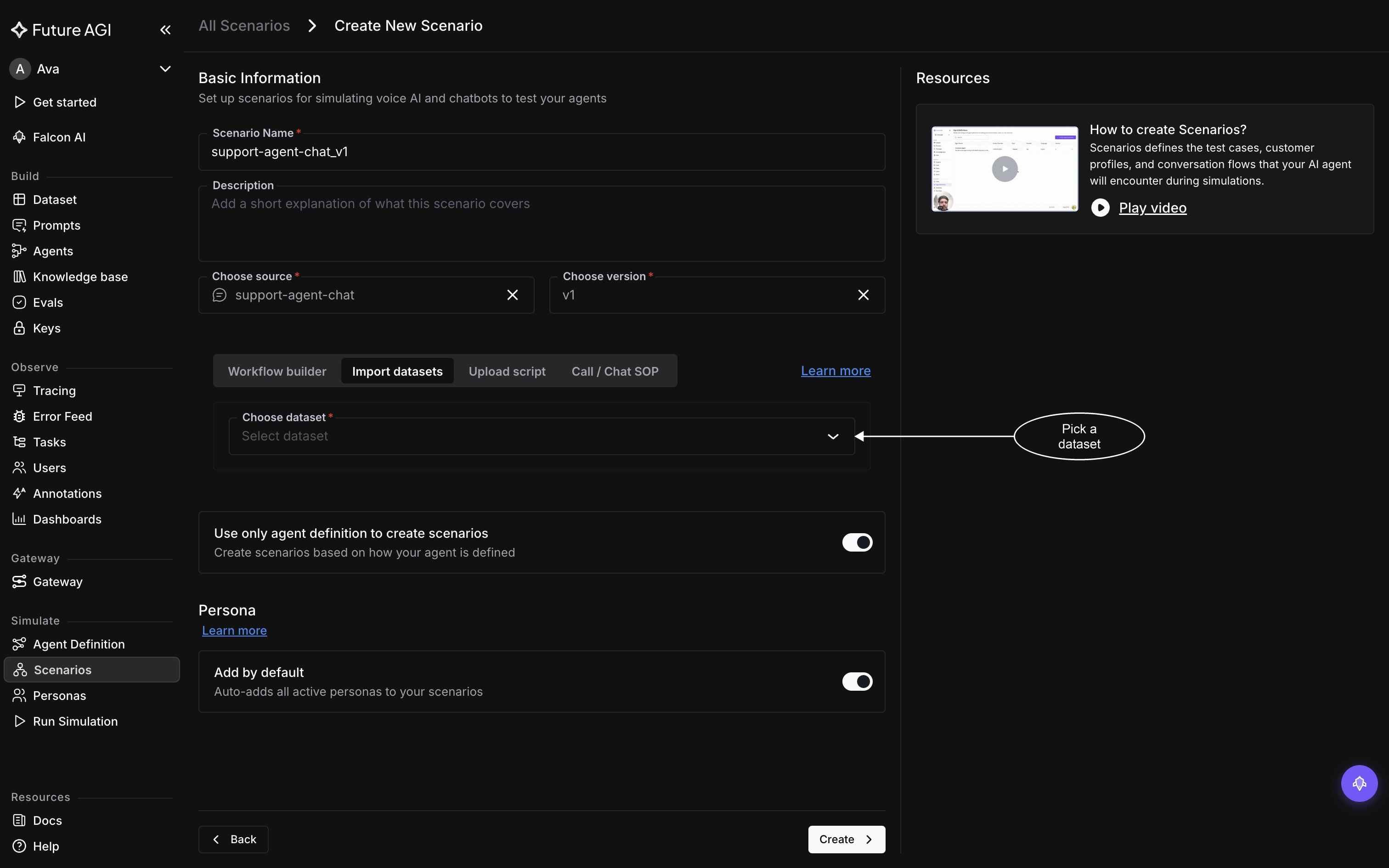 The Import datasets tab with the Choose dataset dropdown ready for a selection