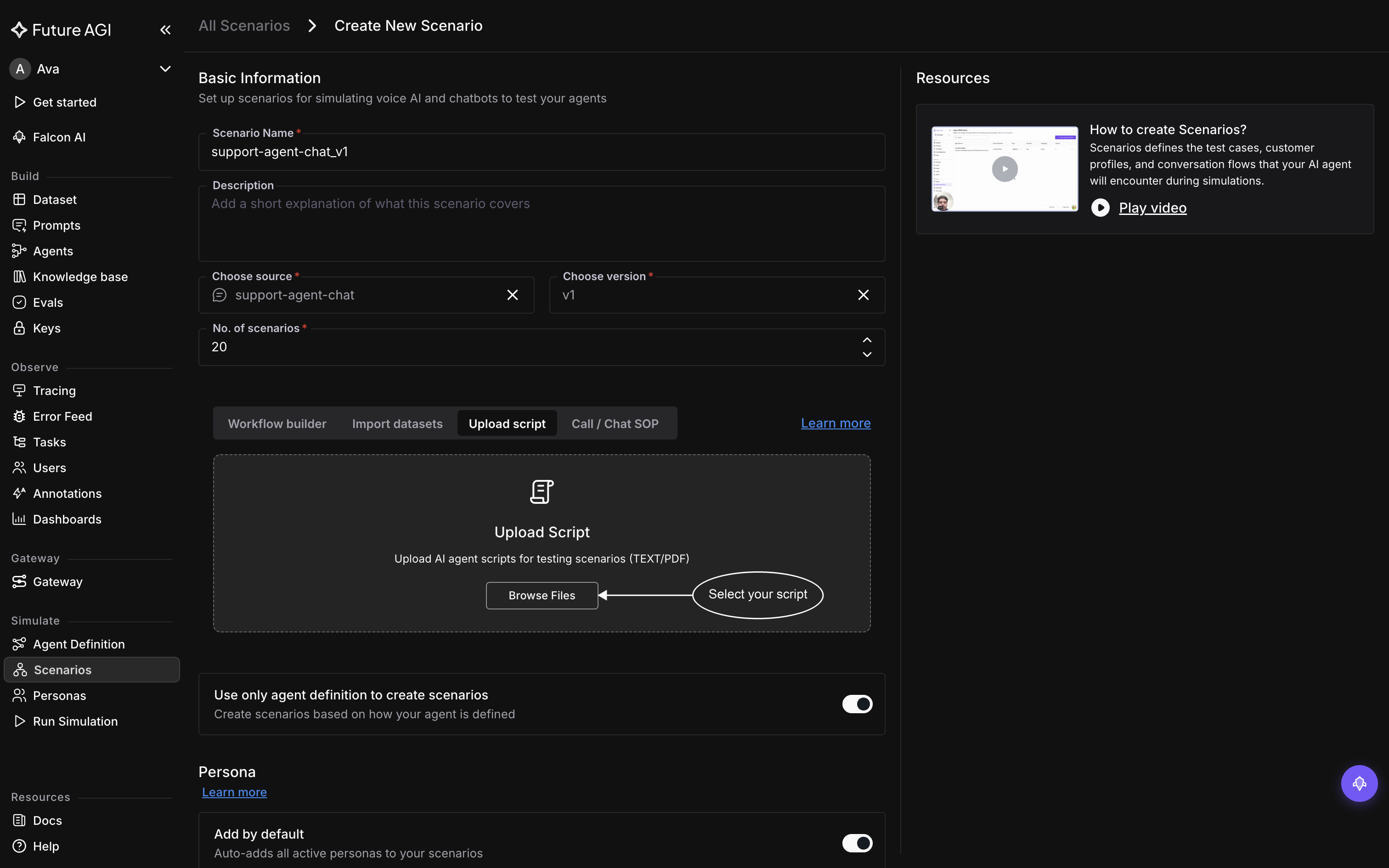 The Upload script tab with a Browse Files button for uploading a TEXT or PDF agent script