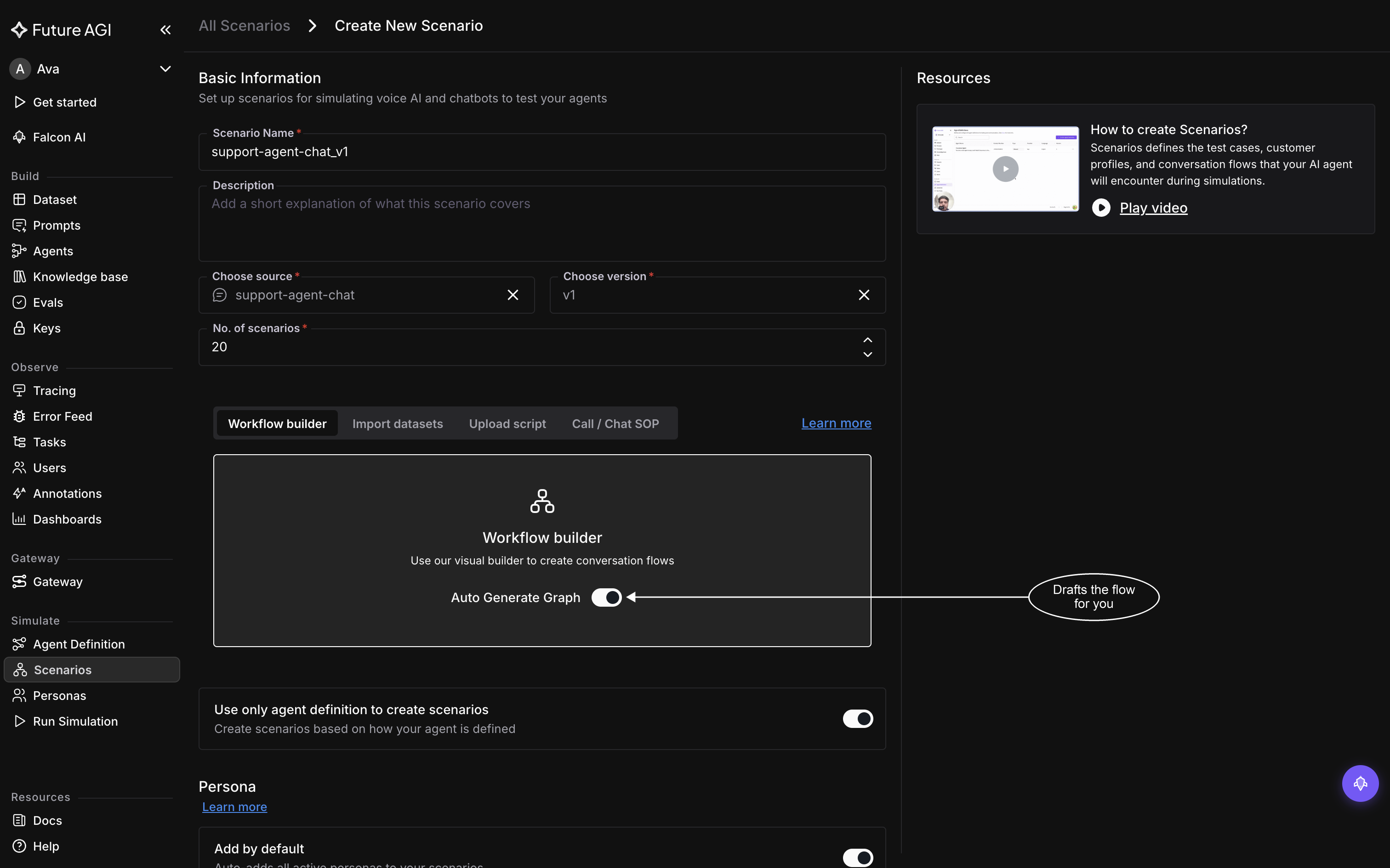 The Workflow builder tab selected, showing its panel with the Auto Generate Graph toggle switched on
