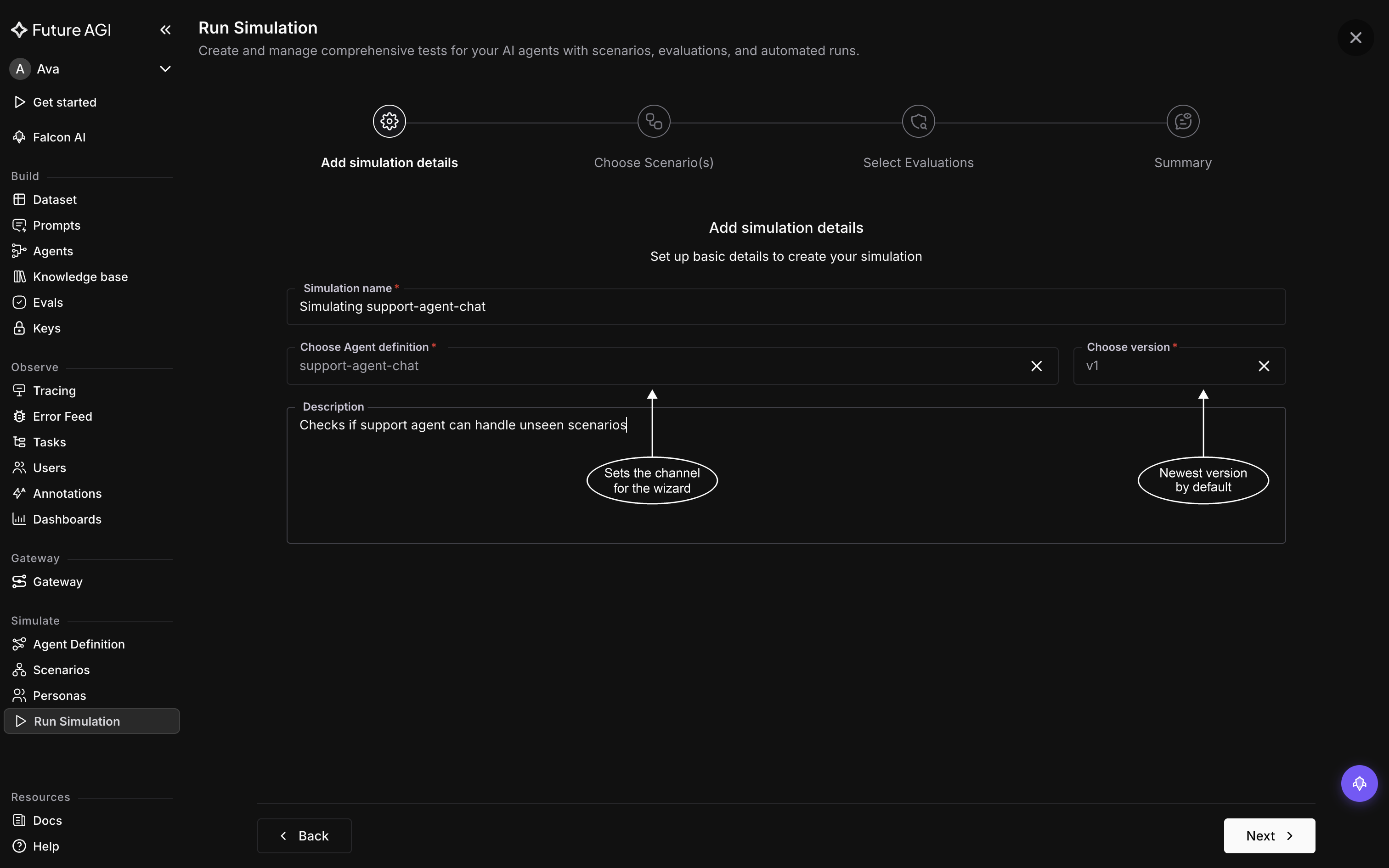 The Add simulation details step with Simulation name set to Simulating support-agent-chat, Choose Agent definition set to support-agent-chat, Choose version v1, and a description
