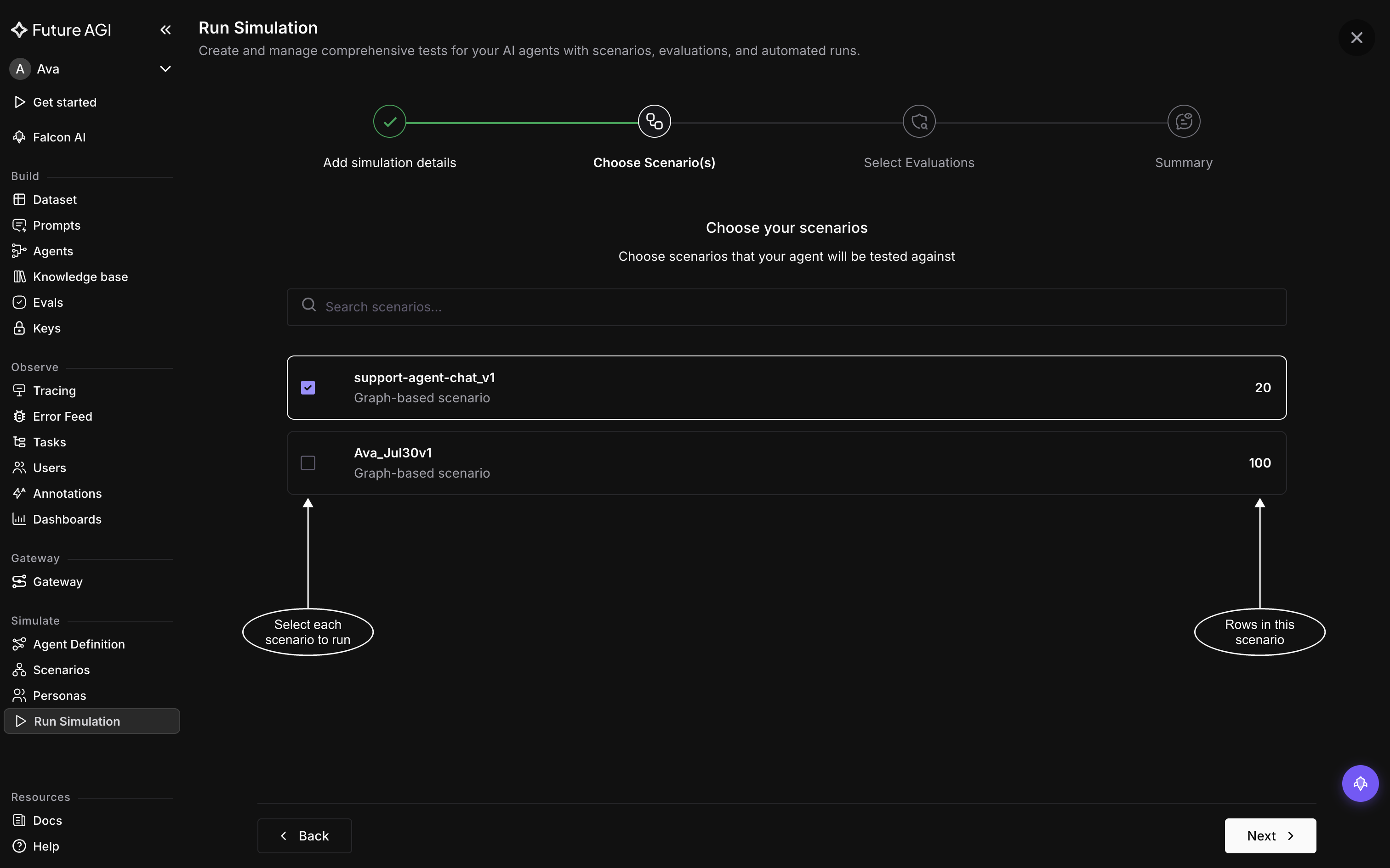 The Choose your scenarios step with two graph-based scenarios listed, support-agent-chat_v1 ticked with 20 rows and Ava_Jul30v1 with 100 rows