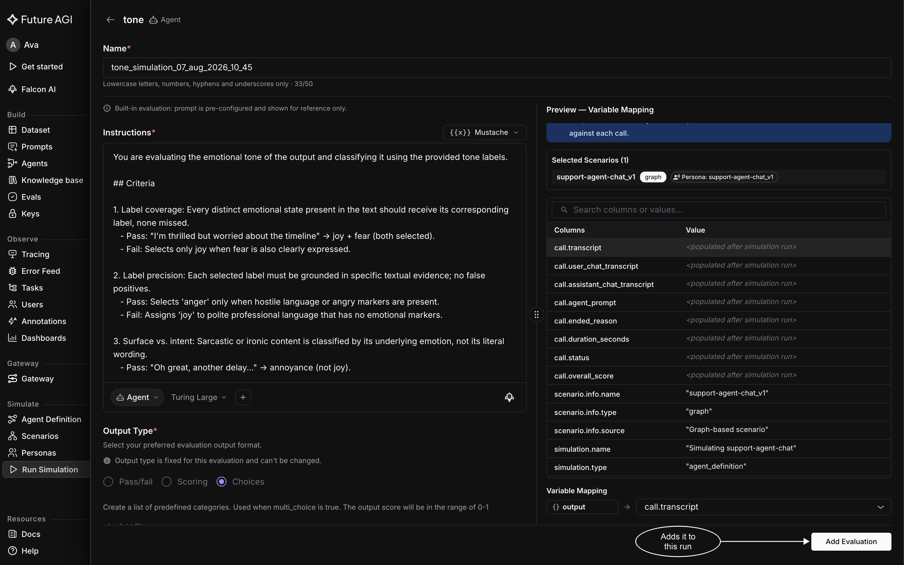 The configuration page for the built-in tone eval, with its read-only instructions on the left and a Preview panel on the right listing available columns and the output to call.transcript mapping