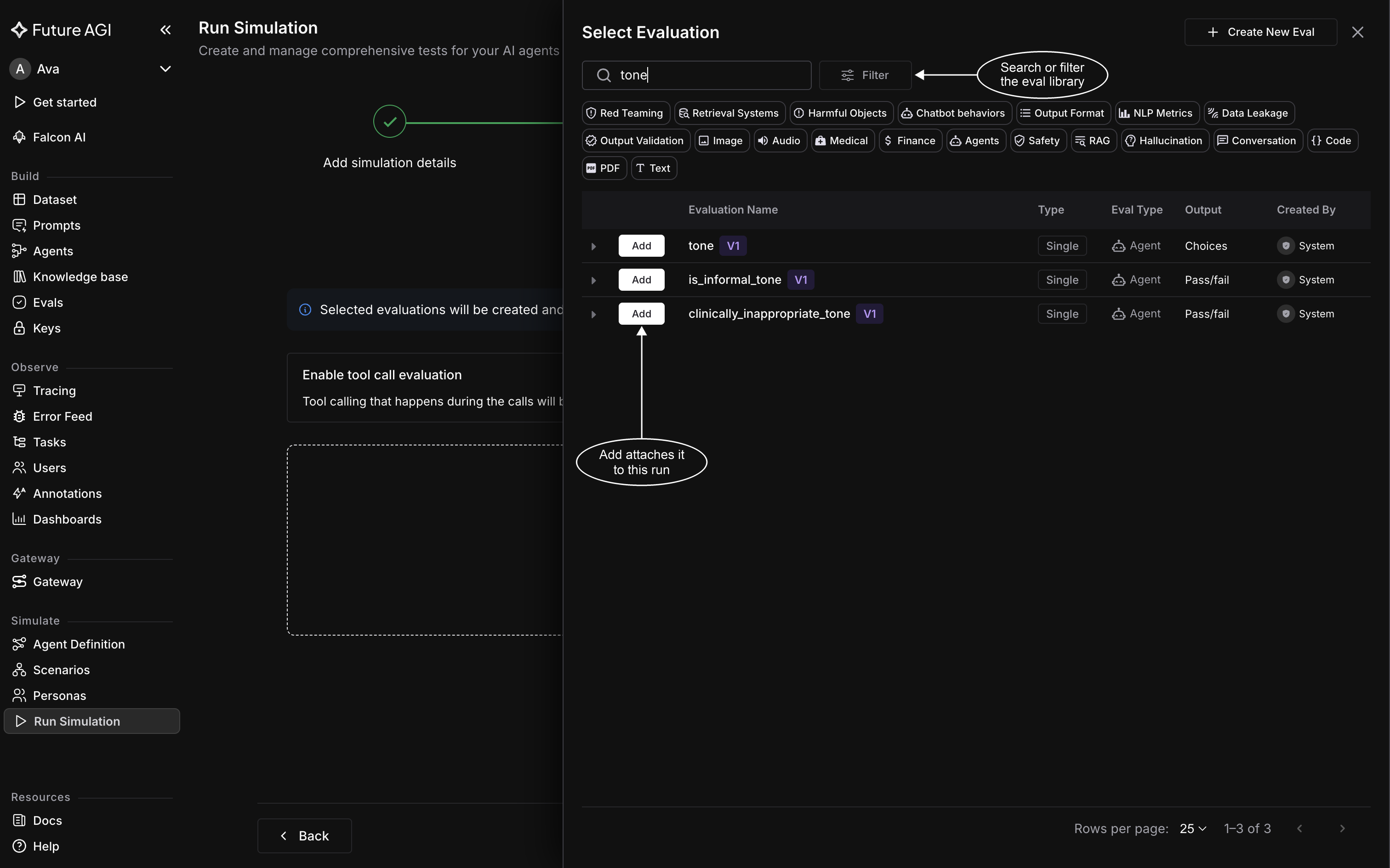 The Select Evaluation drawer searched for tone, showing three matching evals each with an Add button, and a row of category chips above