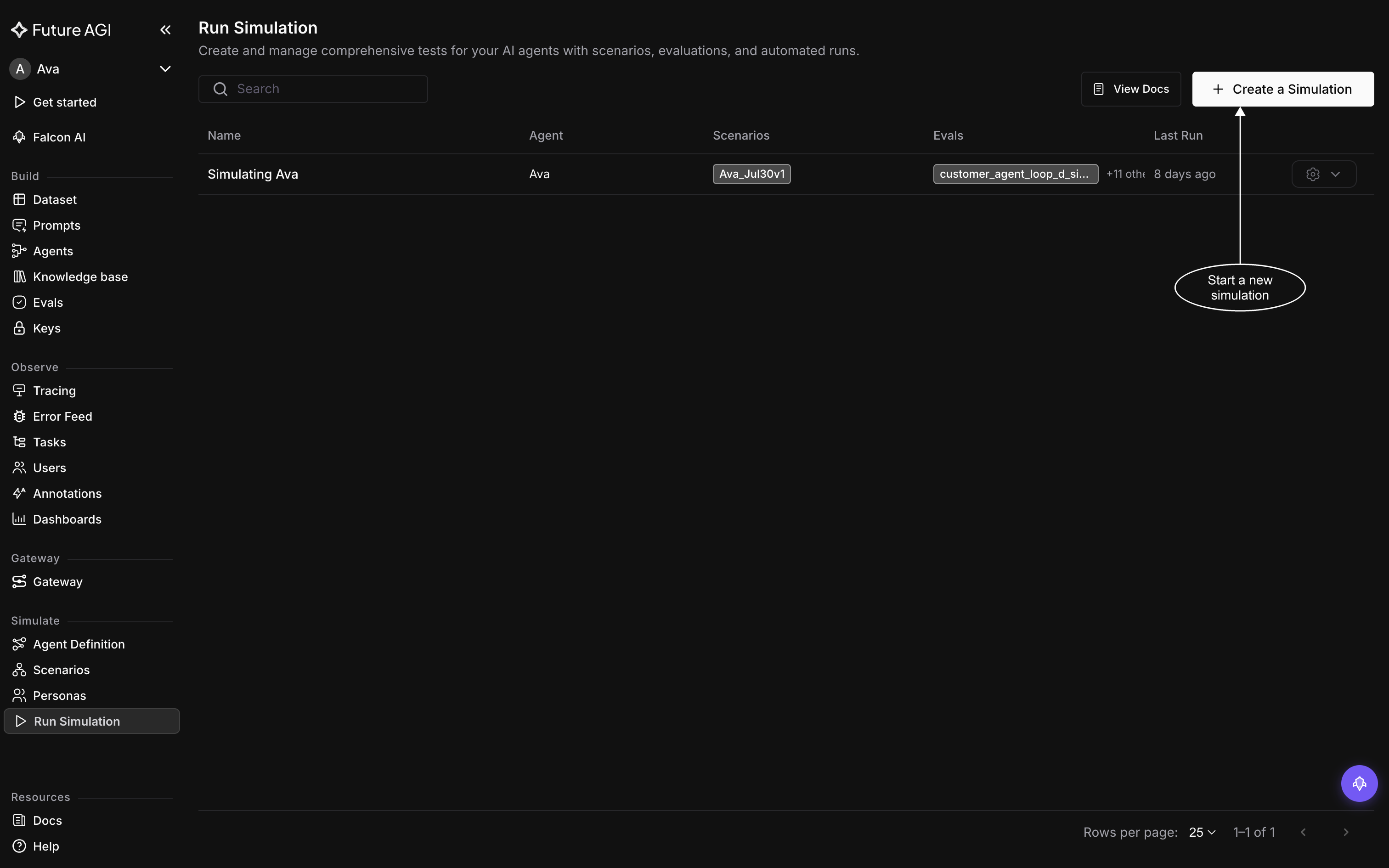 The Run Simulation list showing one run named Simulating Ava with its agent, scenarios and evals, and the Create a Simulation button at the top right