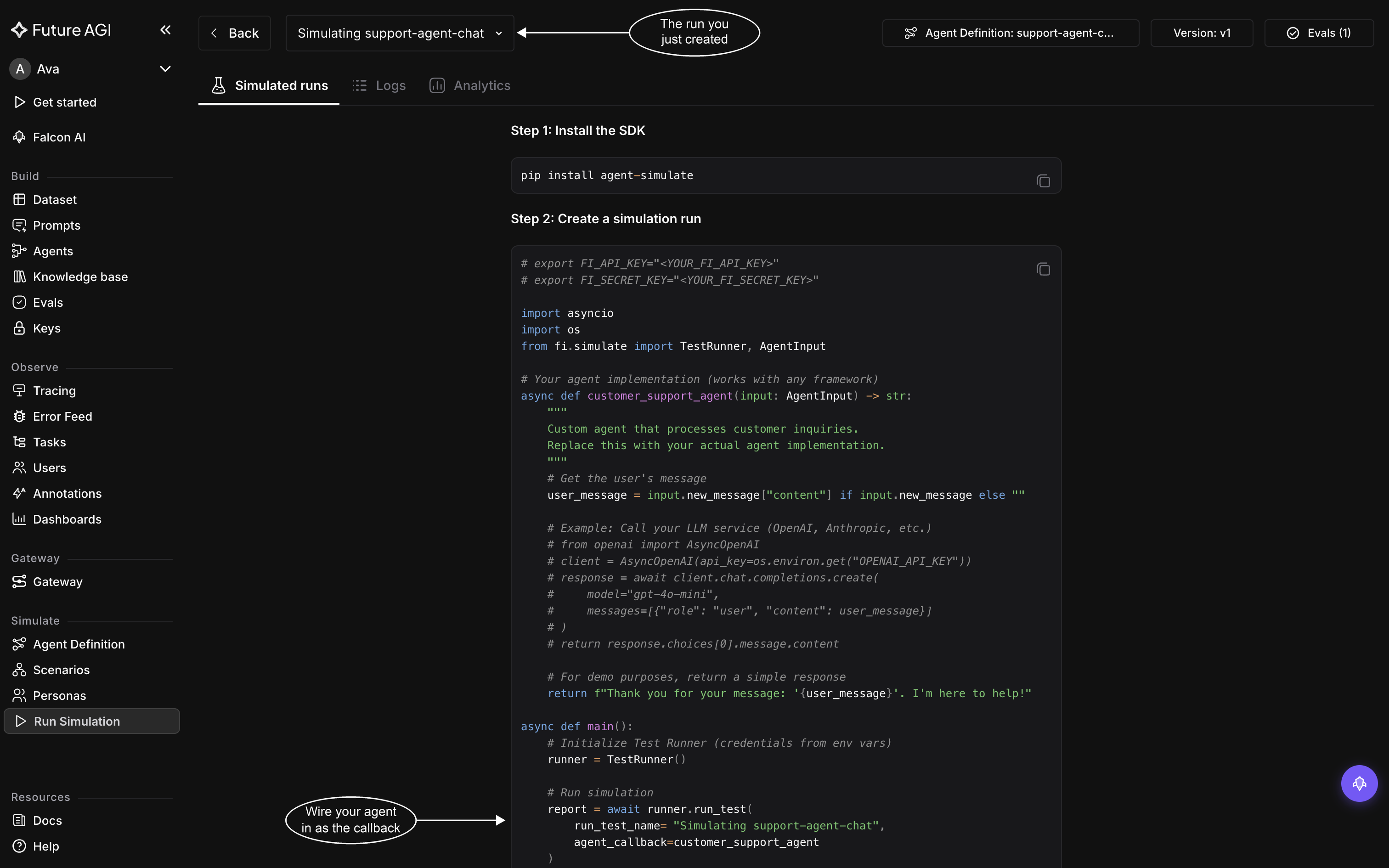 A chat run's Simulated runs tab showing Step 1 install the SDK and Step 2 create a simulation run, with Python code calling runner.run_test with the run name filled in