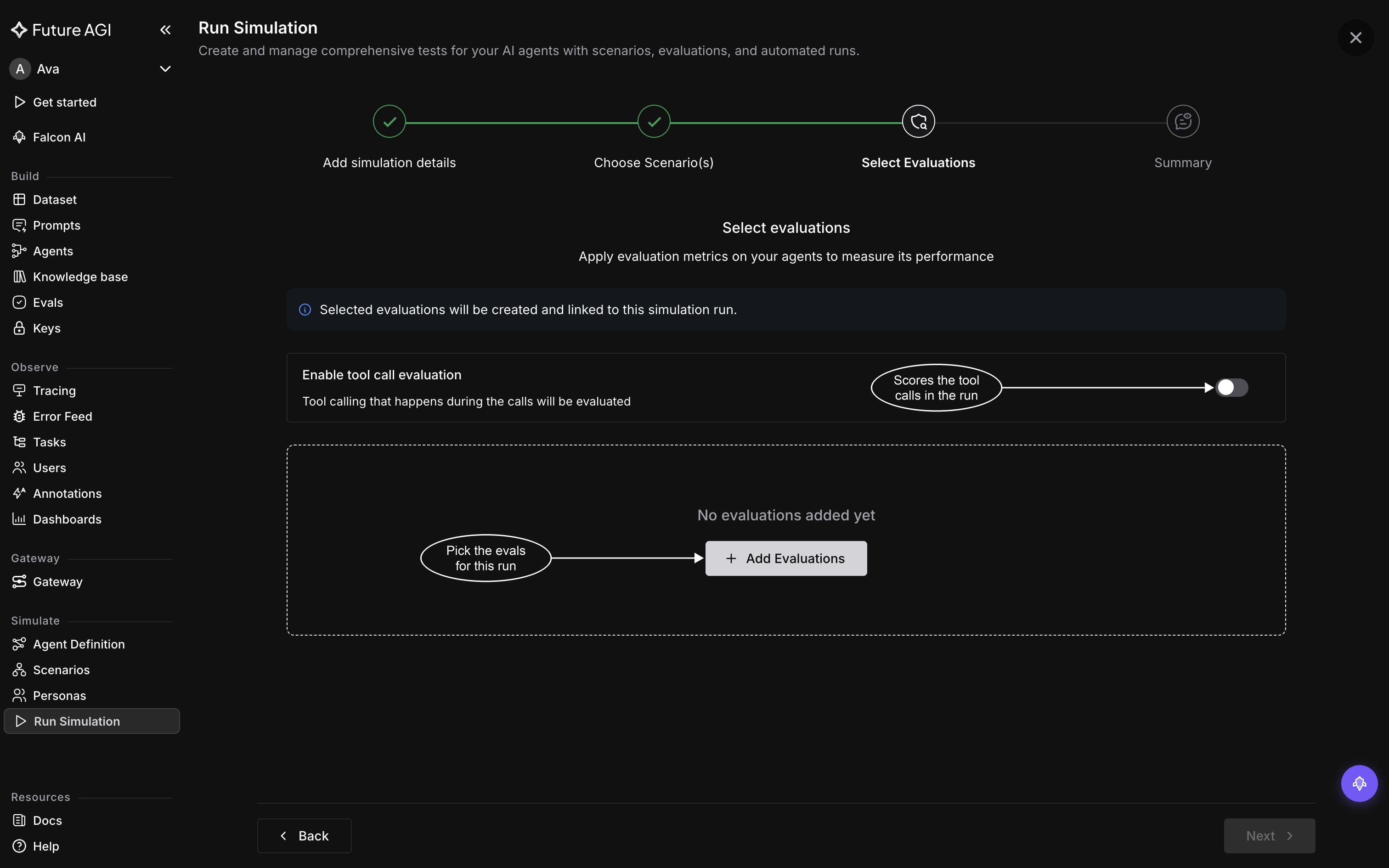The Select evaluations step in its empty state, with the Enable tool call evaluation toggle switched off and an Add Evaluations button in an empty dashed panel