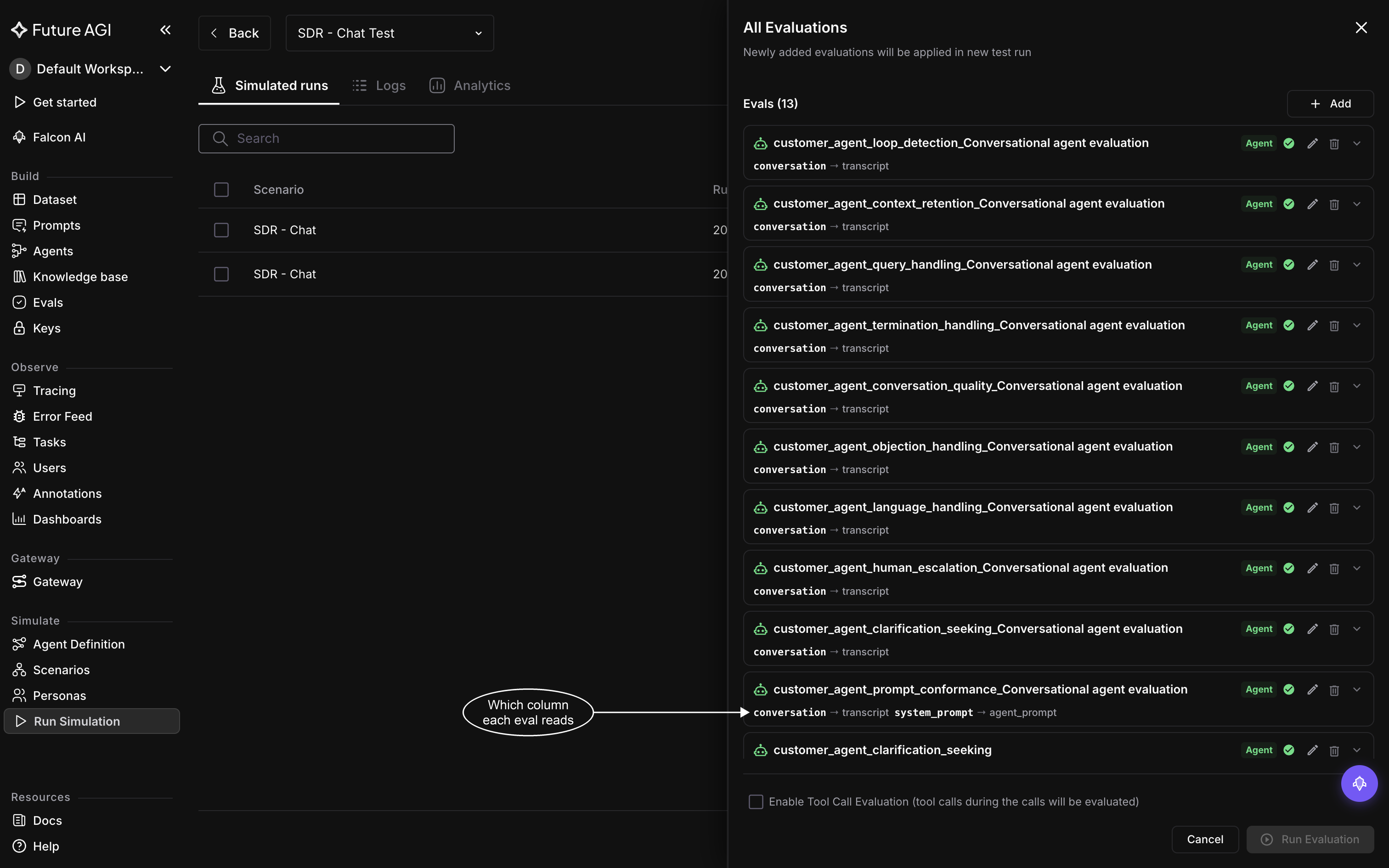 The All Evaluations panel for the SDR - Chat Test run, listing thirteen attached evals with their mappings, the Add button in the header, and the Enable Tool Call Evaluation checkbox at the bottom