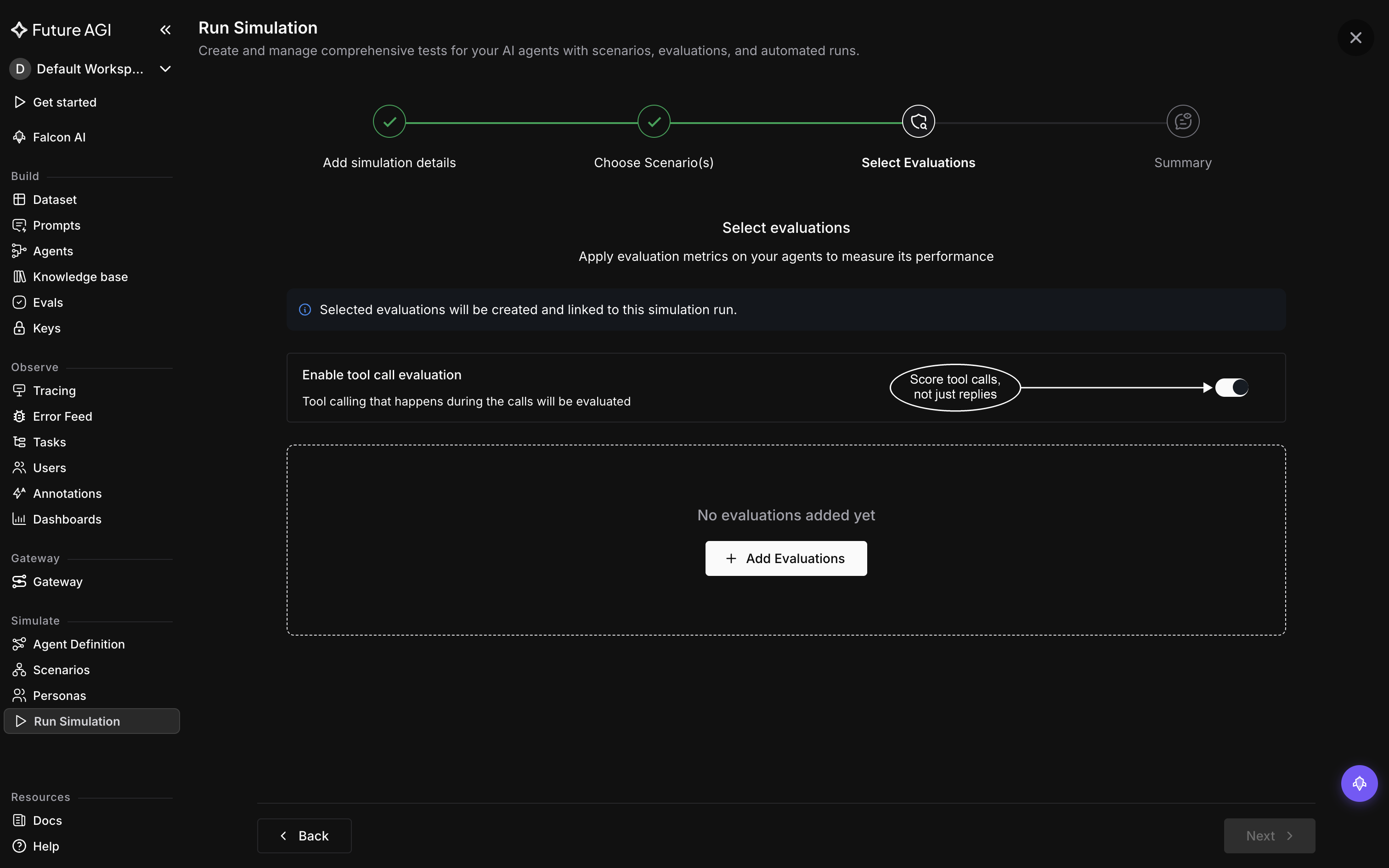 The Select evaluations step of the simulation wizard with Enable tool call evaluation switched on, above an empty eval panel offering Add Evaluations