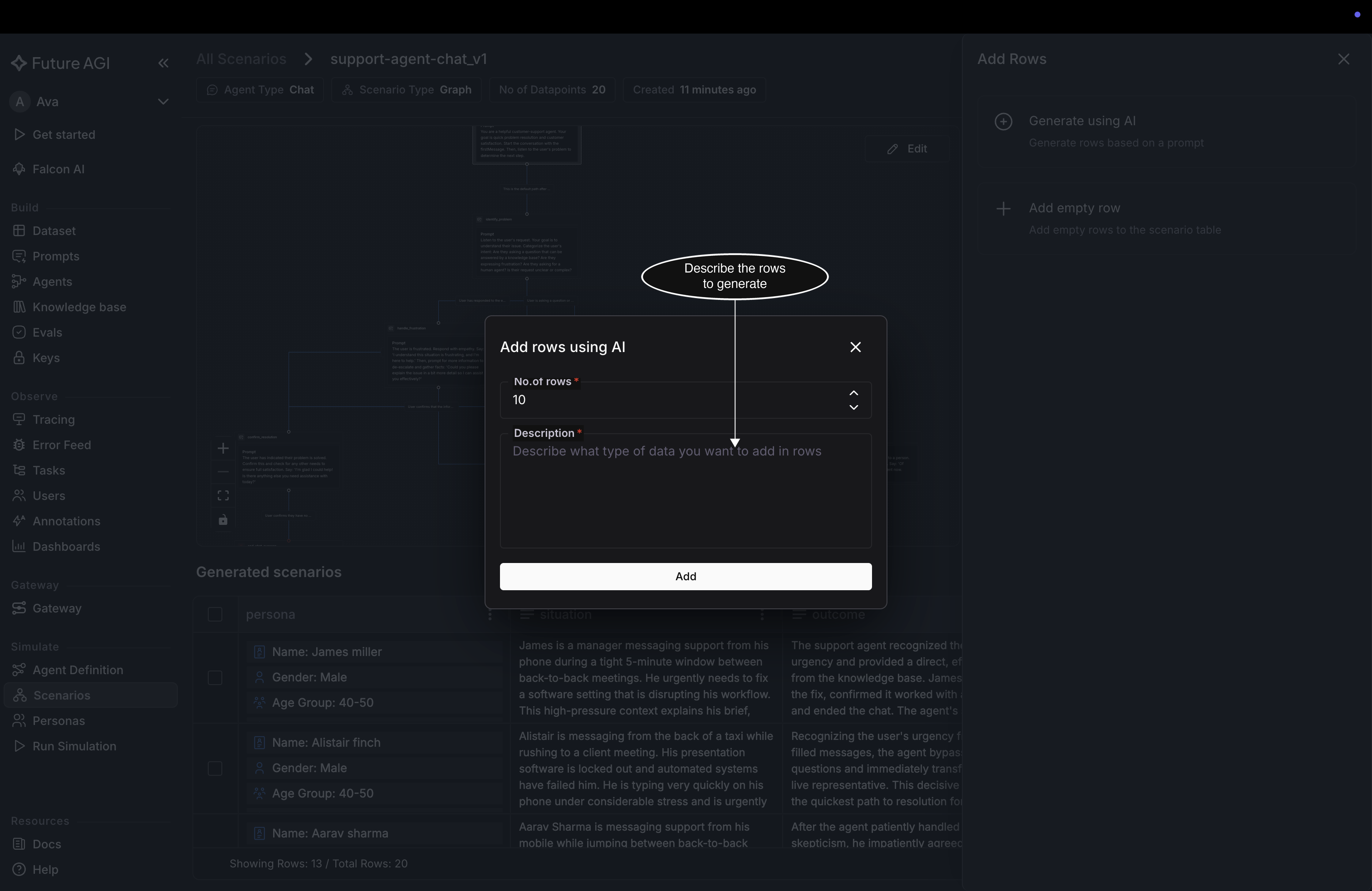The Add rows using AI dialog with No.of rows set to 10 and a description of customers disputing a charge over $200