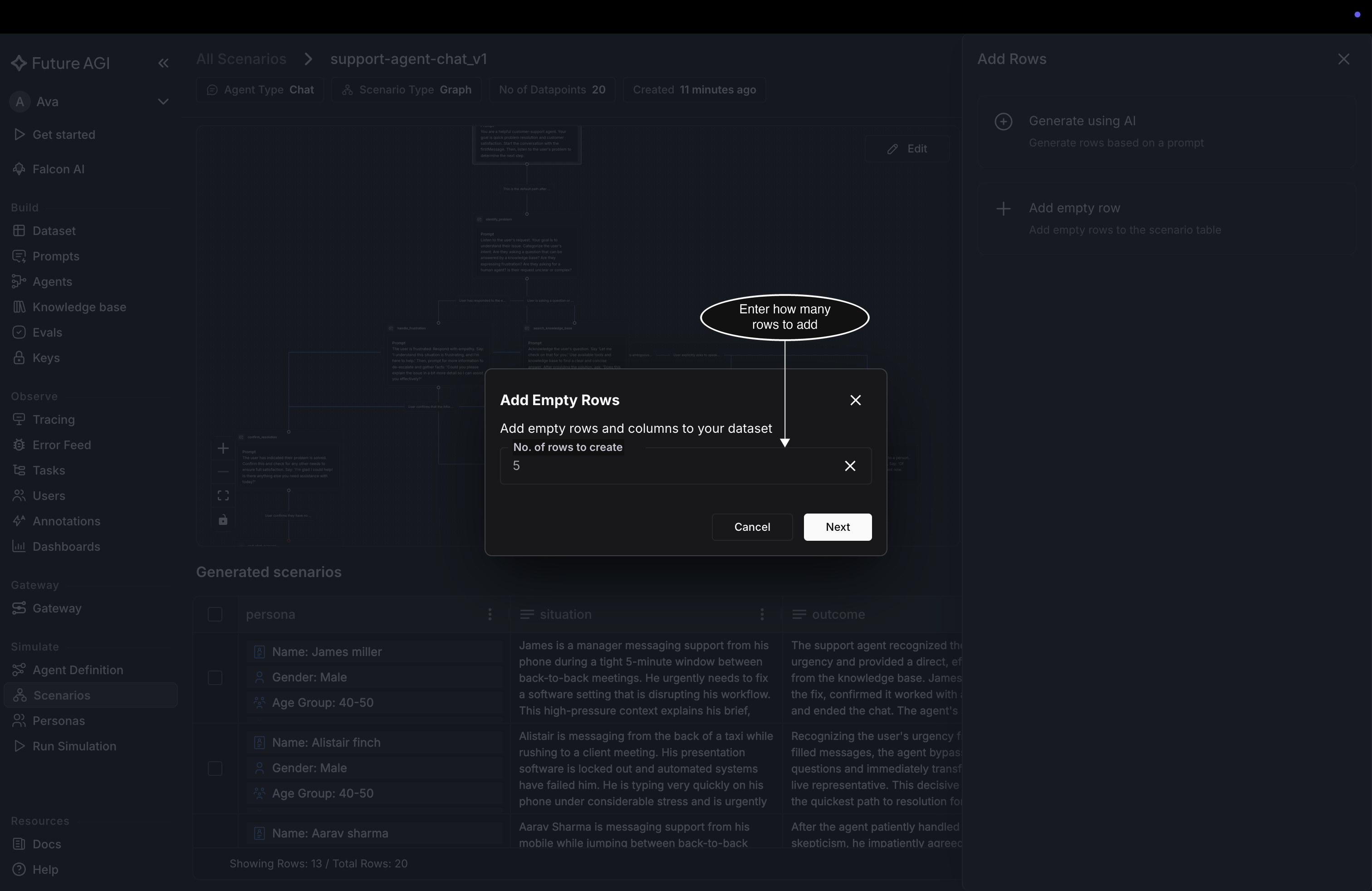 The Add Empty Rows dialog for support-agent-chat_v1 with No. of rows to create set to 5