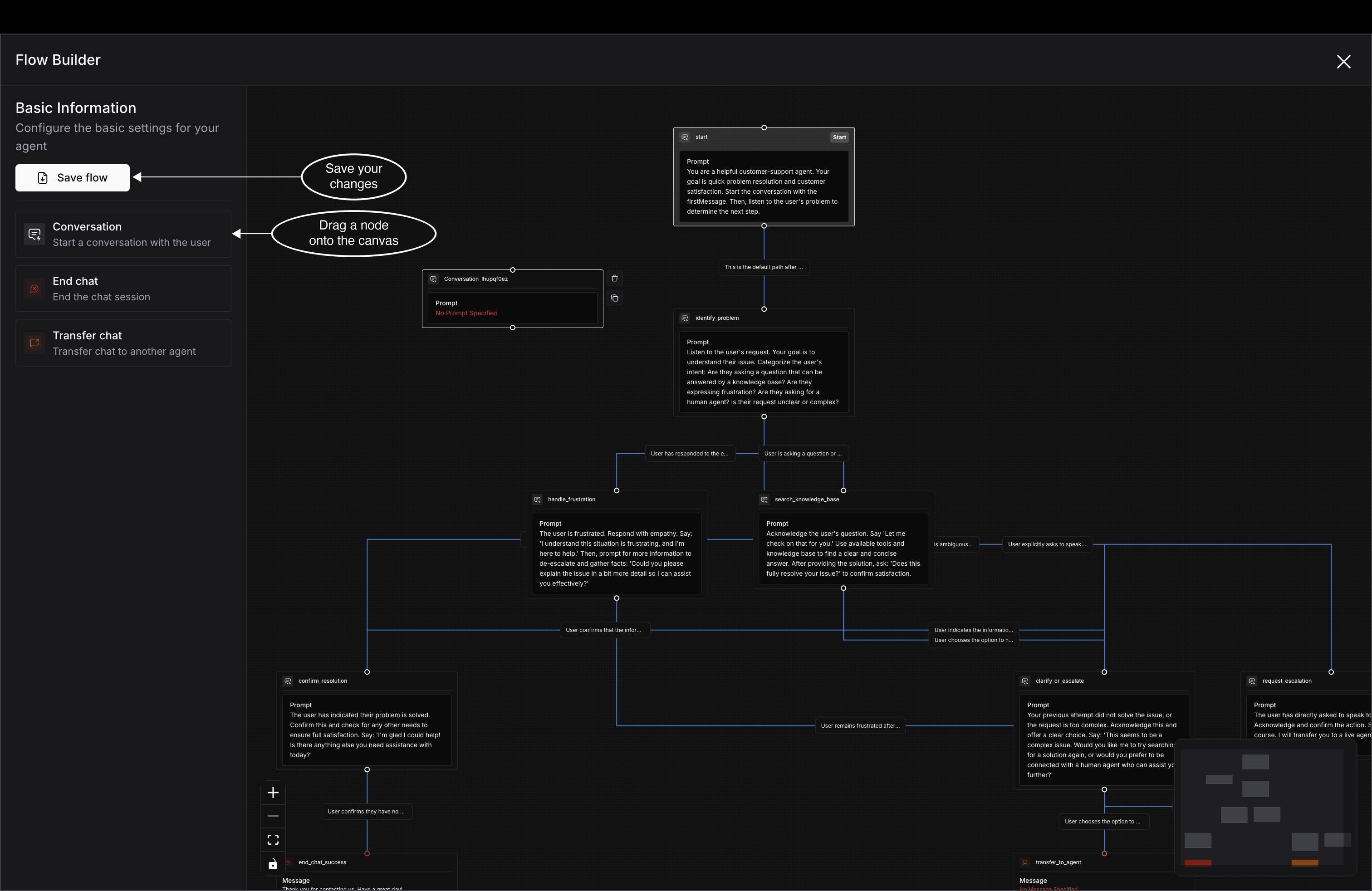 A Conversation node being dragged from the Flow Builder palette onto the support-agent-chat_v1 canvas