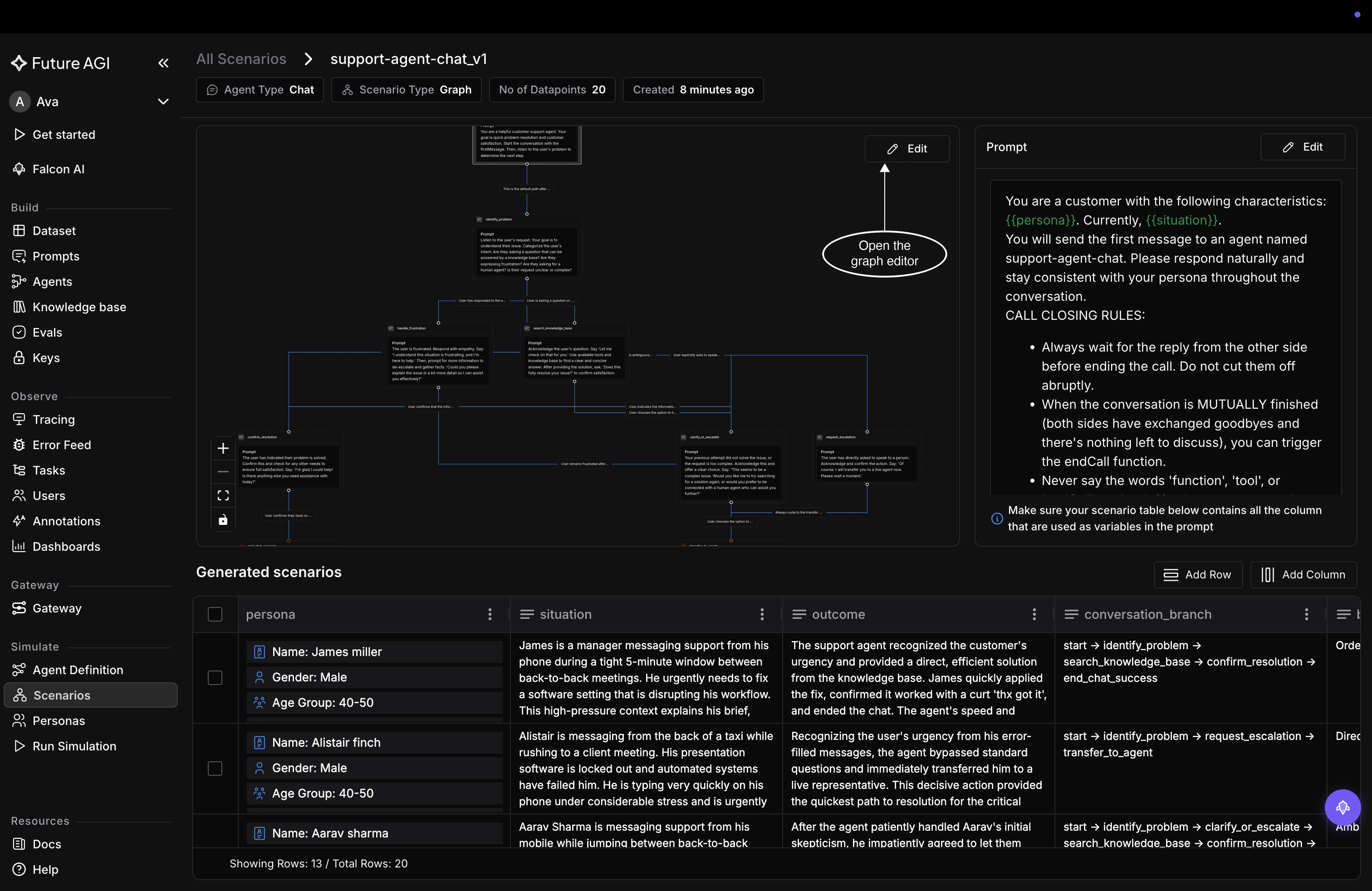 The Edit button at the top right of the support-agent-chat_v1 conversation graph