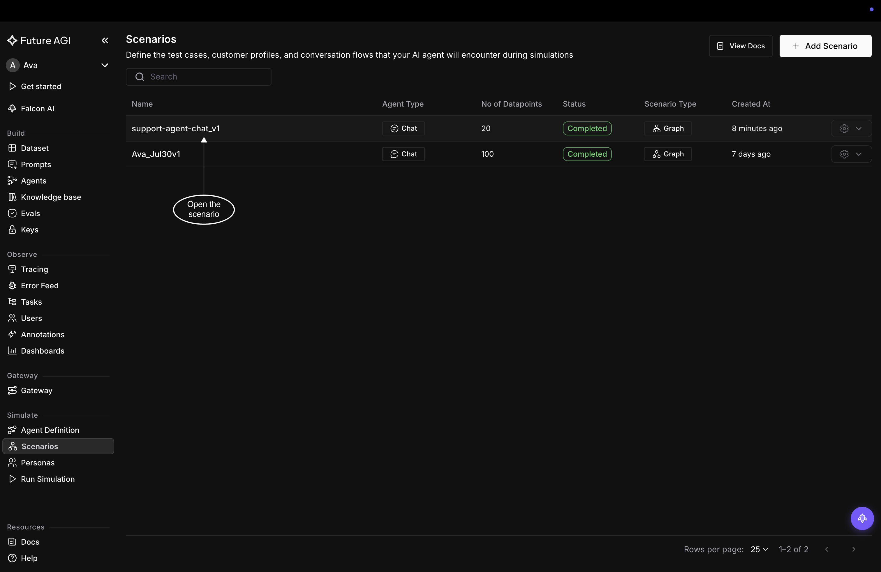The Scenarios list with the support-agent-chat_v1 row showing a Chat agent type, a Graph scenario type, and 20 datapoints