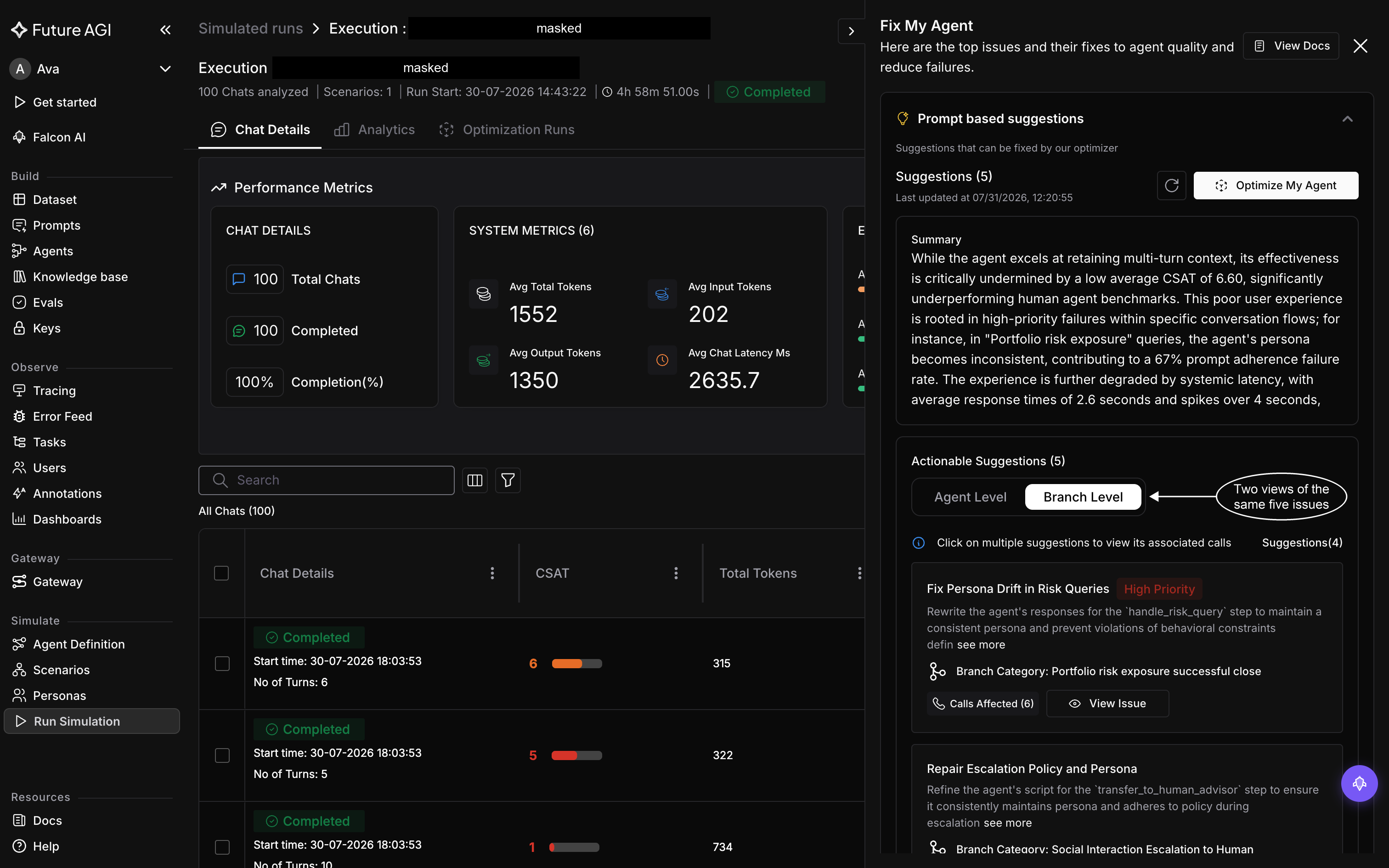The Fix My Agent panel open beside the Chat Details tab, showing the run summary, the Agent Level and Branch Level toggle, and two branch-level issues each with a priority chip, a recommendation, a branch category, and Calls Affected