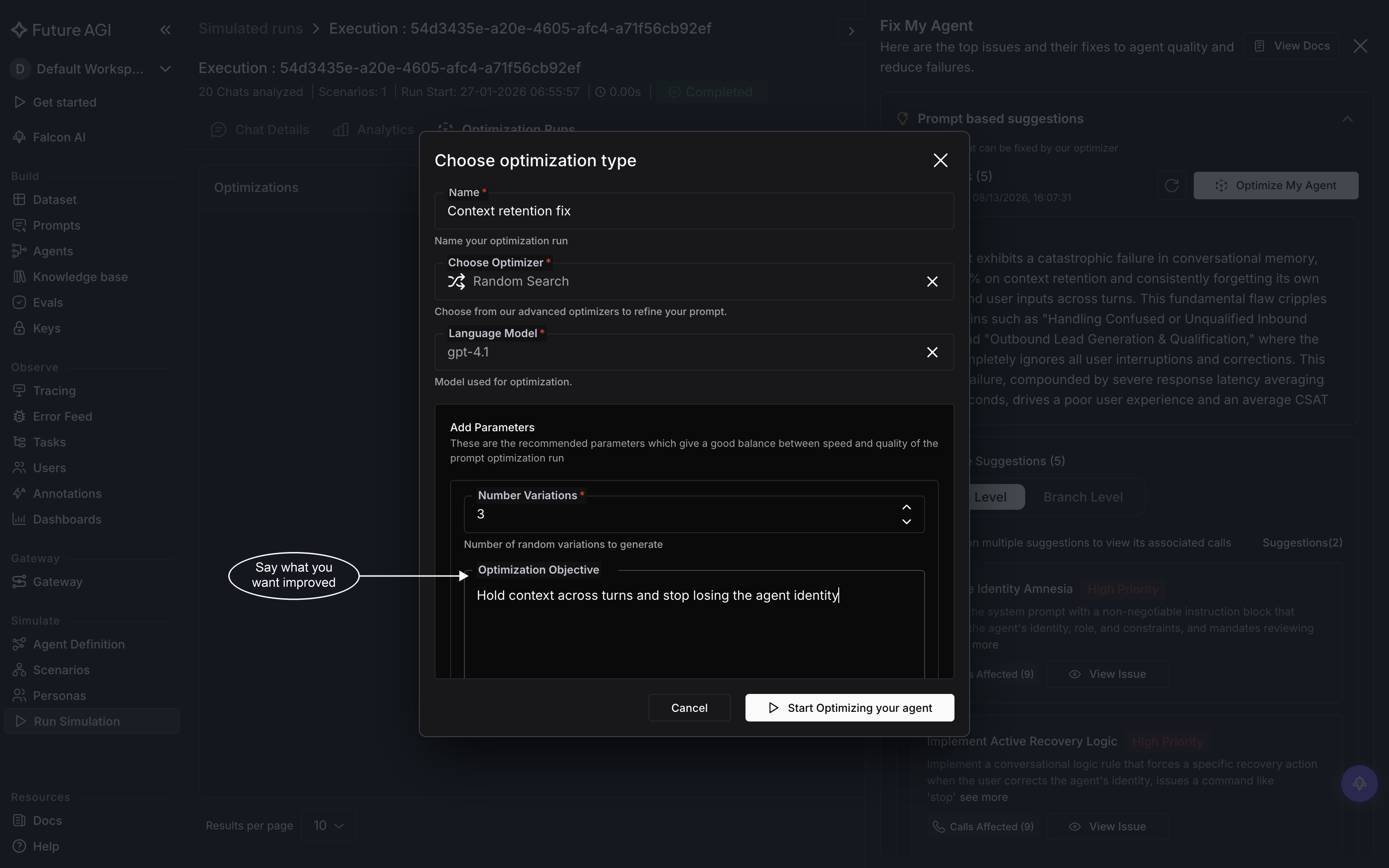 The Choose optimization type dialog filled in with a name, Random Search as the optimizer, gpt-4.1 as the language model, three variations, and an optimization objective written out