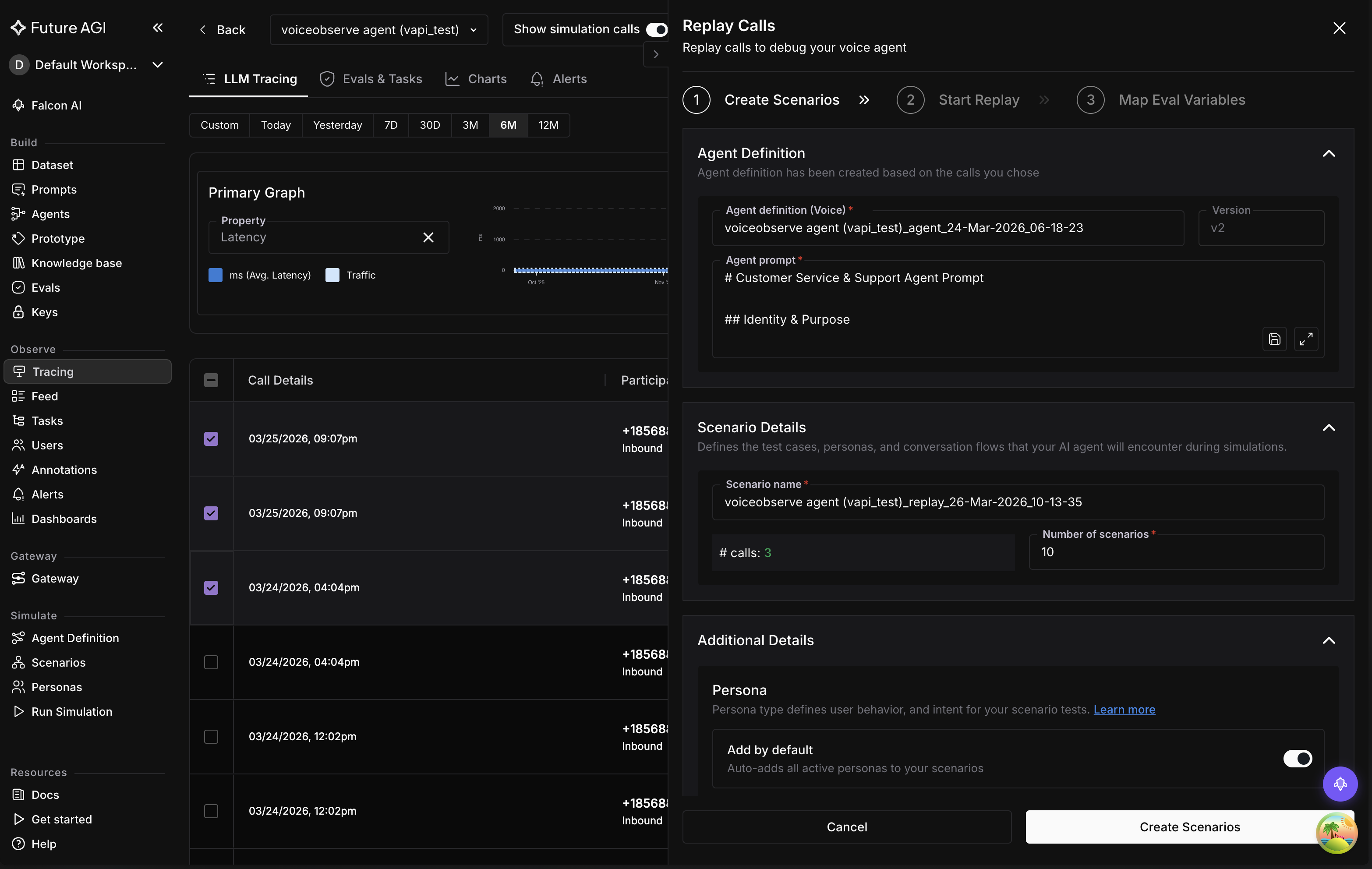 Create scenarios form with agent definition and scenario details
