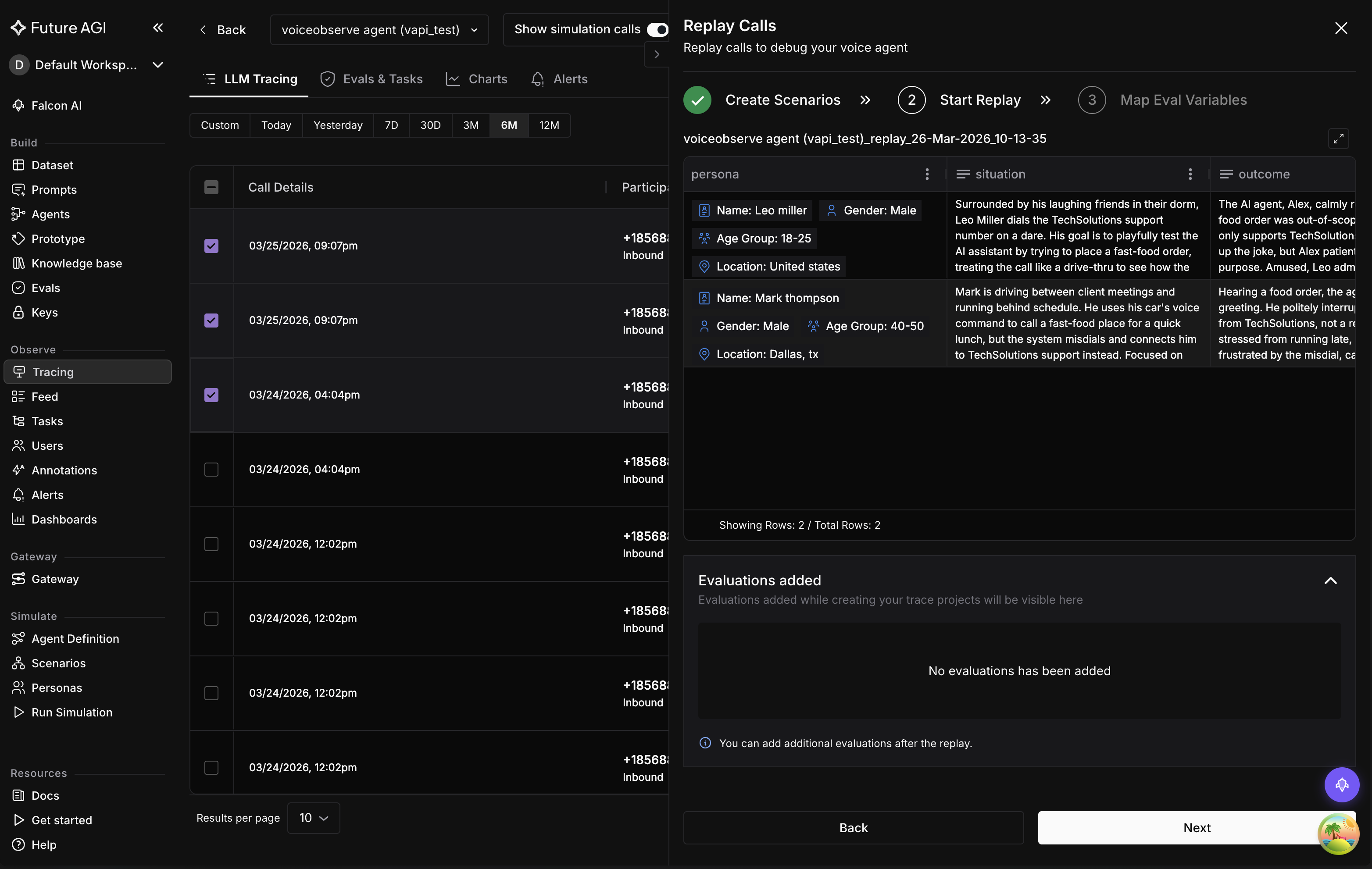 Generated scenario rows with persona and situation details