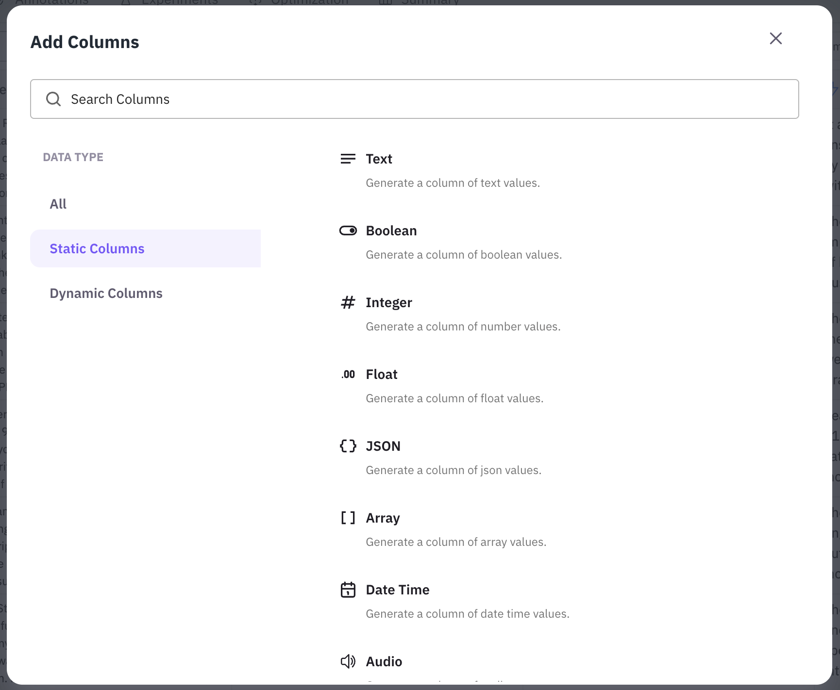Adding Static and Dynamic Columns to a Dataset | Future AGI Docs
