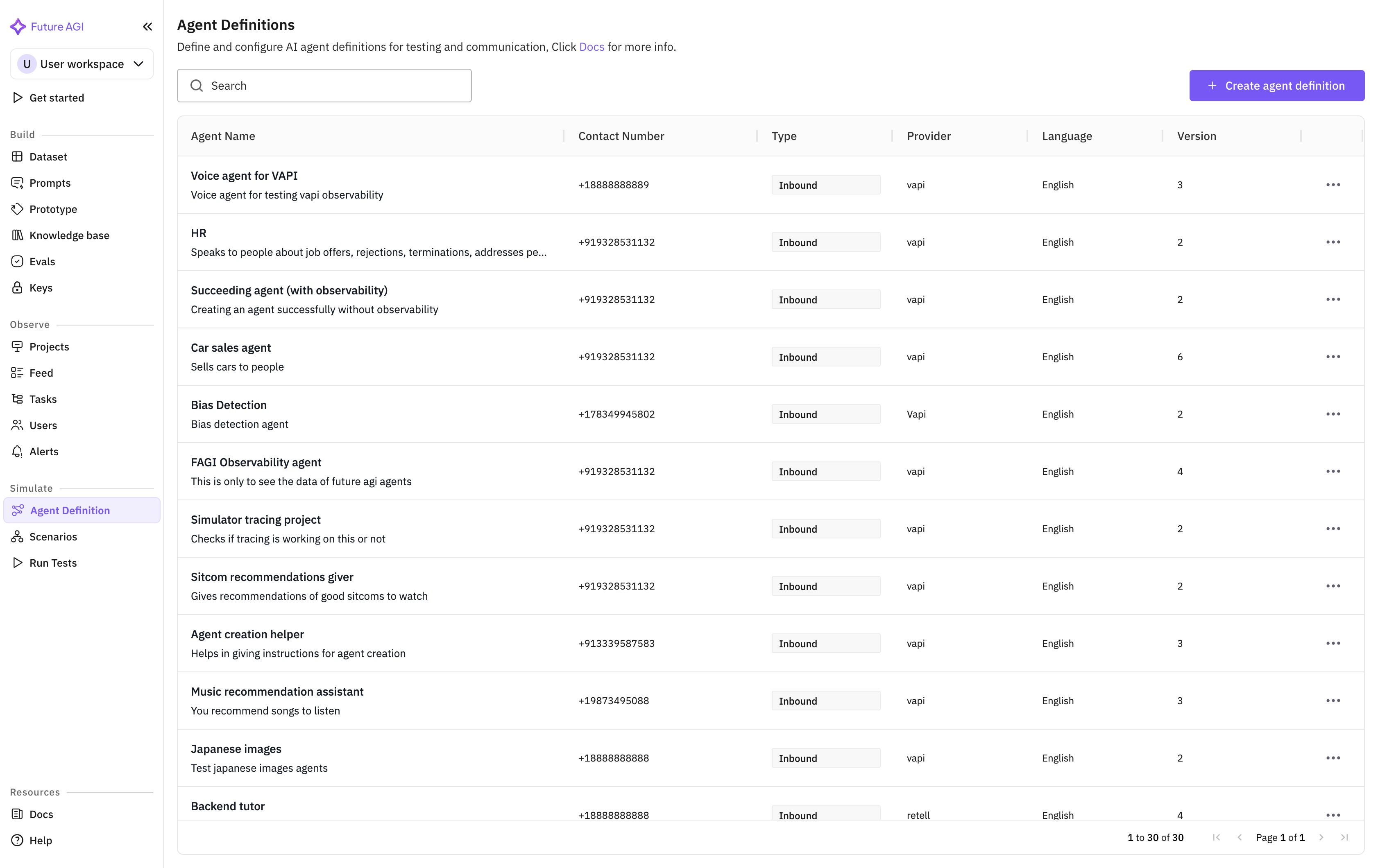 Agent definition list with new agent